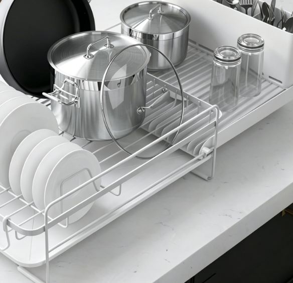 Multi-Functional Telescopic Dish Rack (Rust-Resistant Design) — Includes Cutlery & Cup Holders (White)